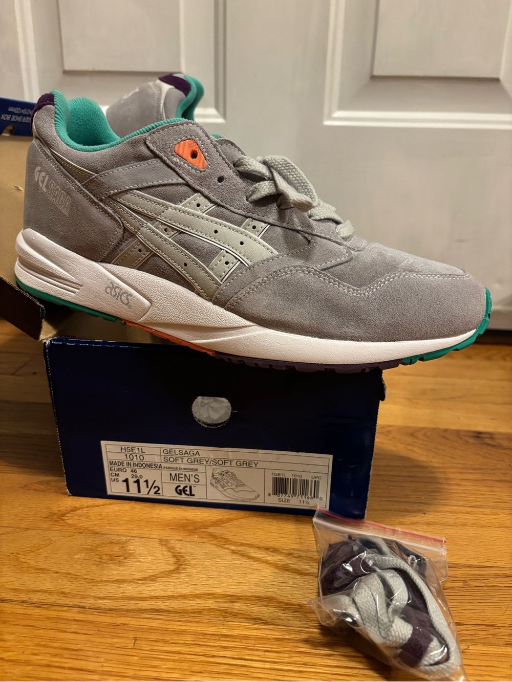 Asics Men's GEL-Saga Soft Grey with Teal & Purple Accents